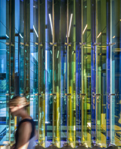 An image of a reflective artwork you pass by as you walk into the Student Innovation Center.