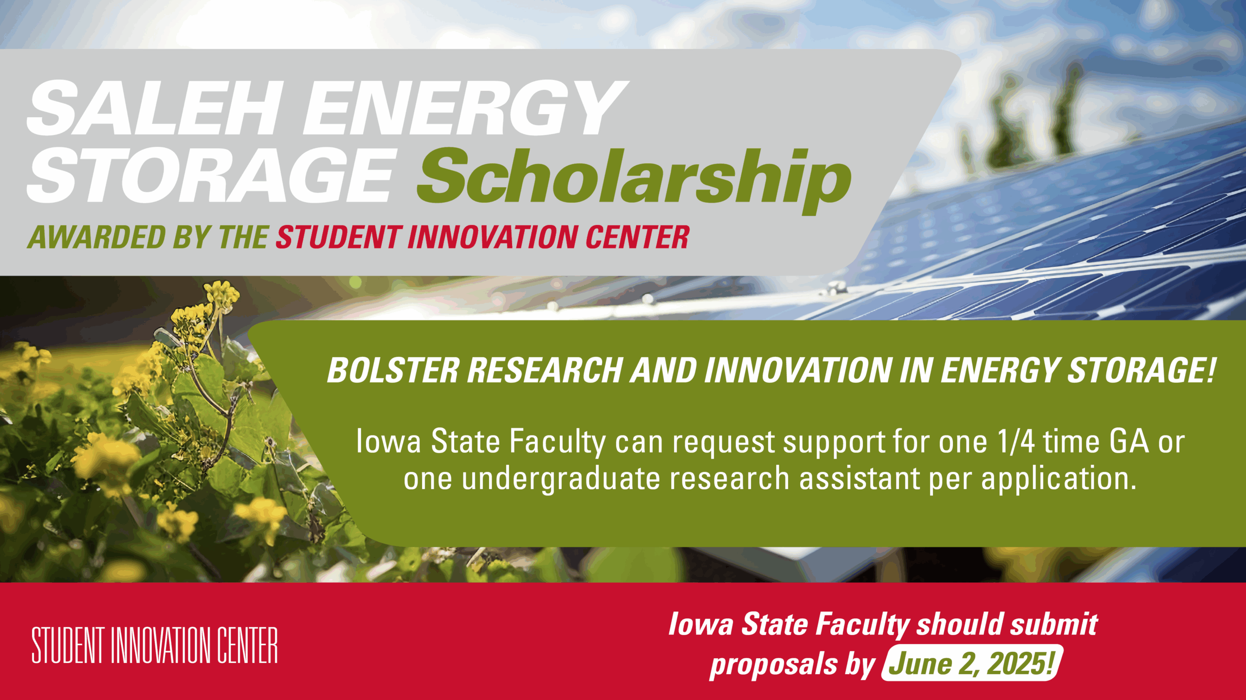 Graphic of Saleh energy storage scholarship awarded by the student innovation center.